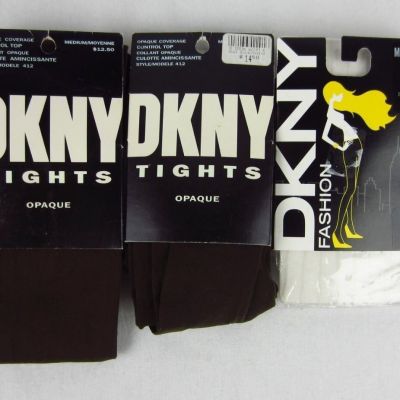 DKNY Tights 3 Pair Opaque Coverage Control Top Brown, Mod Stripe Pearl Size M